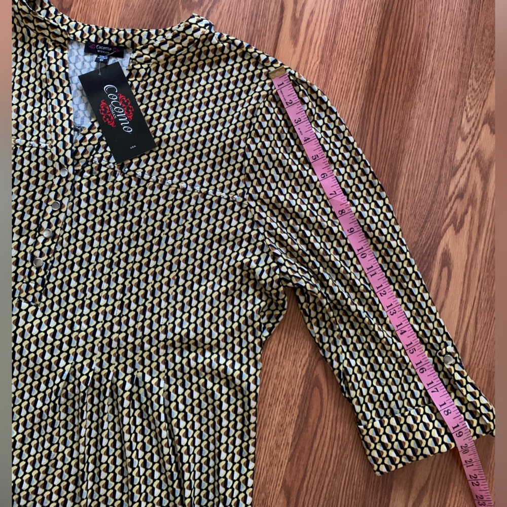COCOMO 3X yellow brown poly spandex flannel 3/4 sleeve women’s Pintuck tunic - Picture 15 of 15